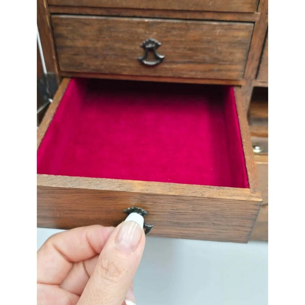 Vintage Wooden Jewelry Armoire Chest Spindle Door 10 Drawer Tabletop musical